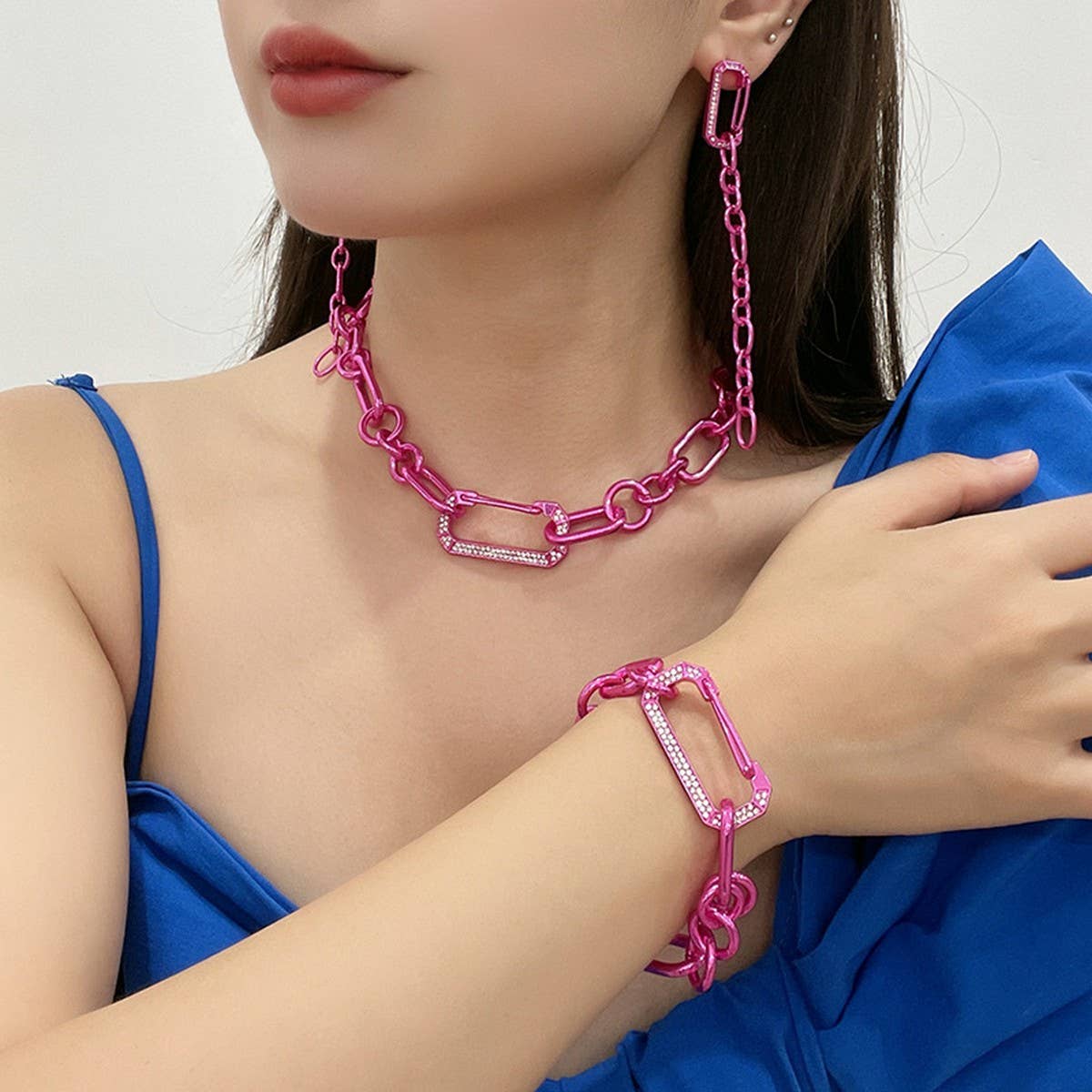 Pink Small Fresh Earrings NeckLace Bracelet Set